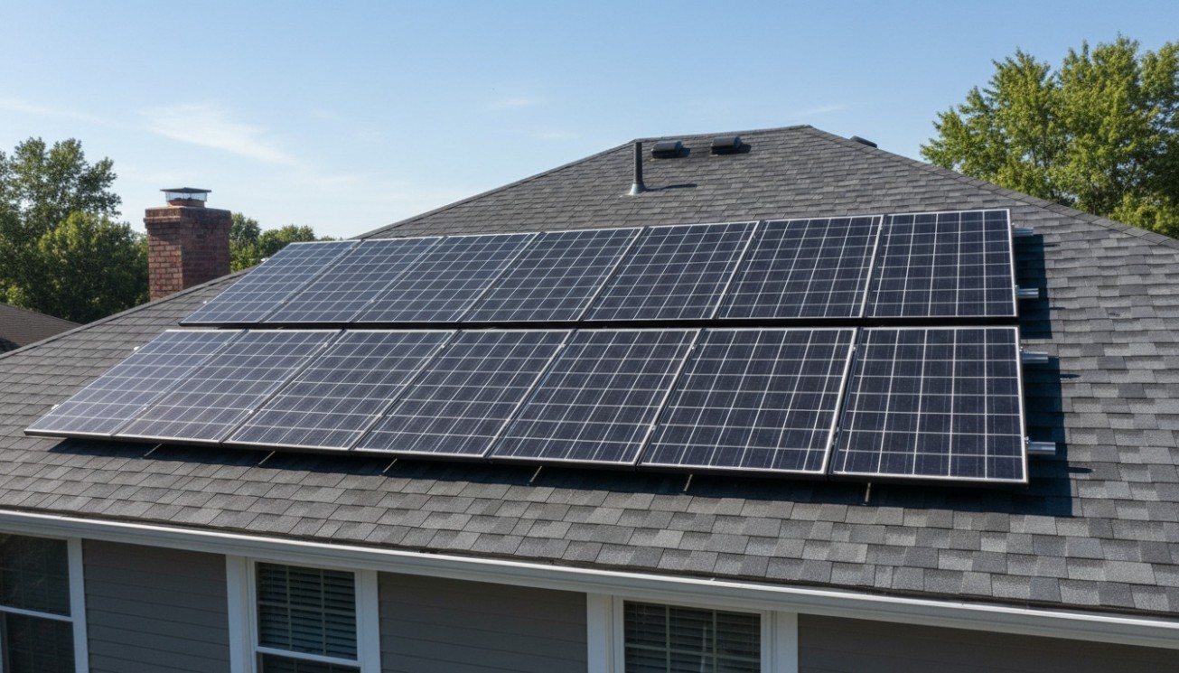 Monofacial solar panels installed on a dark residential rooftop where rear-side energy gain is limited